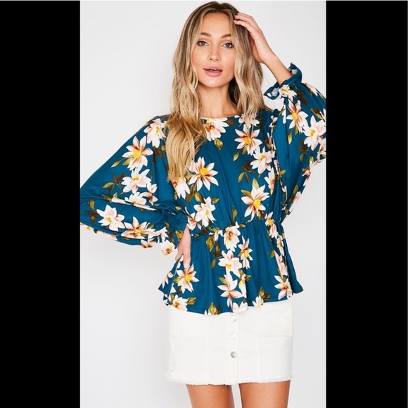 Dark teal floral print top with long sleev… - Picture 2 of 6